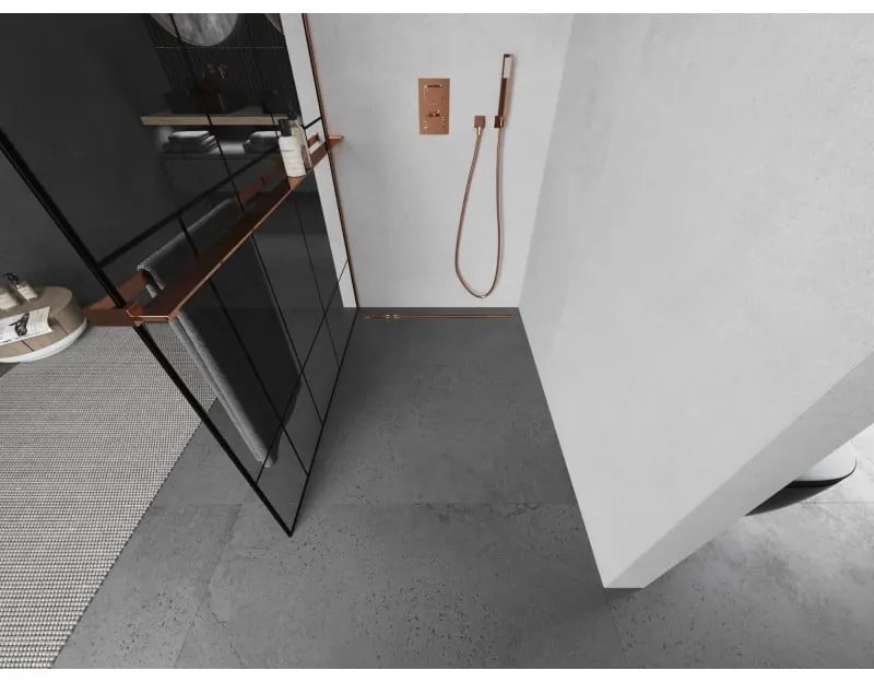 Mexen Kioto+ L, sprchová zástena Walk-In s poličkou a vešiakom 110 x 200 cm, 8mm číre sklo čierny vzor, ružové zlato profil, 800-110-123-60-78