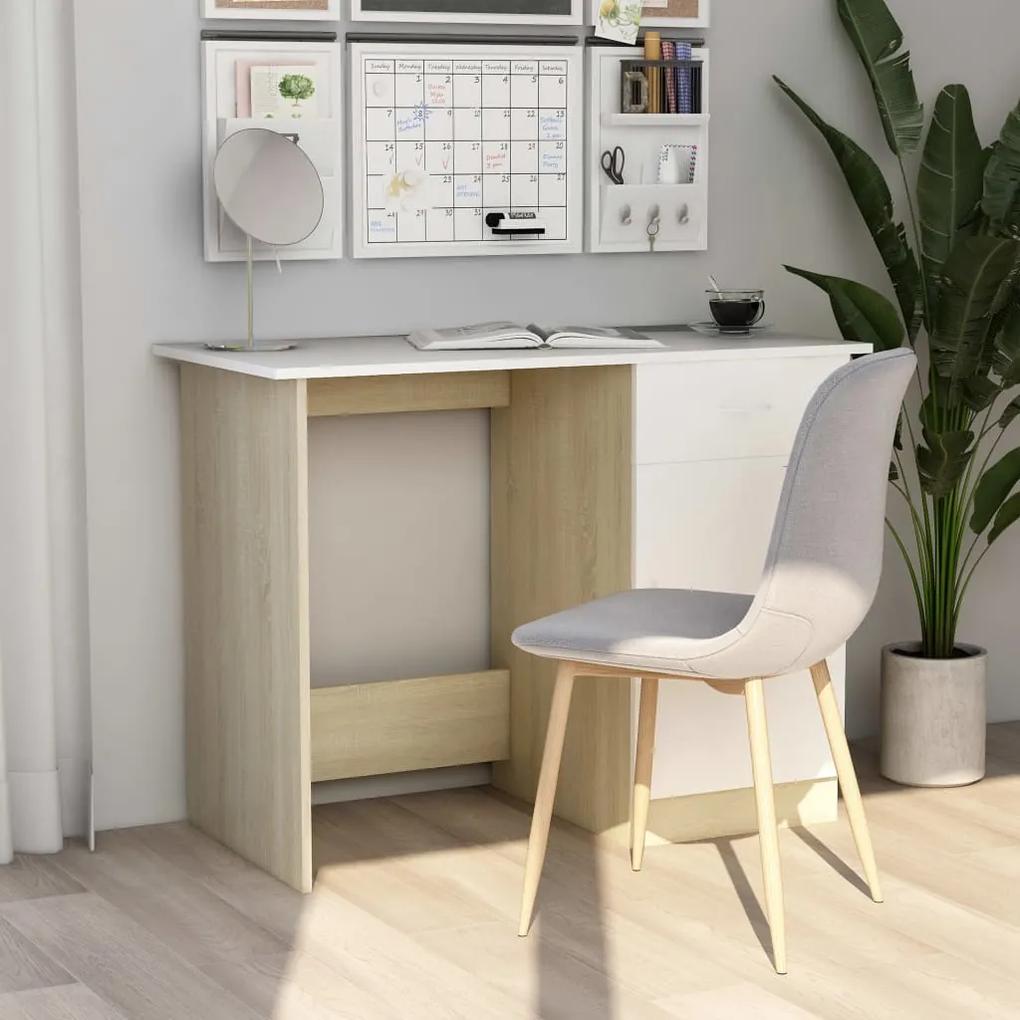 Písací stôl, biela a dub sonoma 100x50x76 cm, drevotrieska 801085
