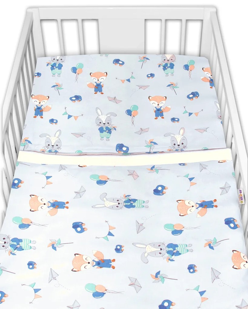 Baby Nellys 2-dielne bavlnené obliečky, Líška a zajac, modré 120x90