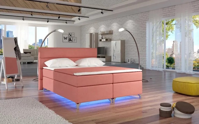 Posteľ Boxspring Amadeus + LED 200x180, tm. modrá (látka - bao 18)