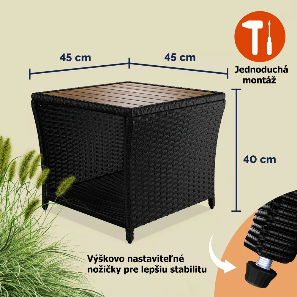 Polyratanový odkladací stolík ROCCO s akáciovým drevom, 40x45x45cm, čierna/hnedá Casaria
