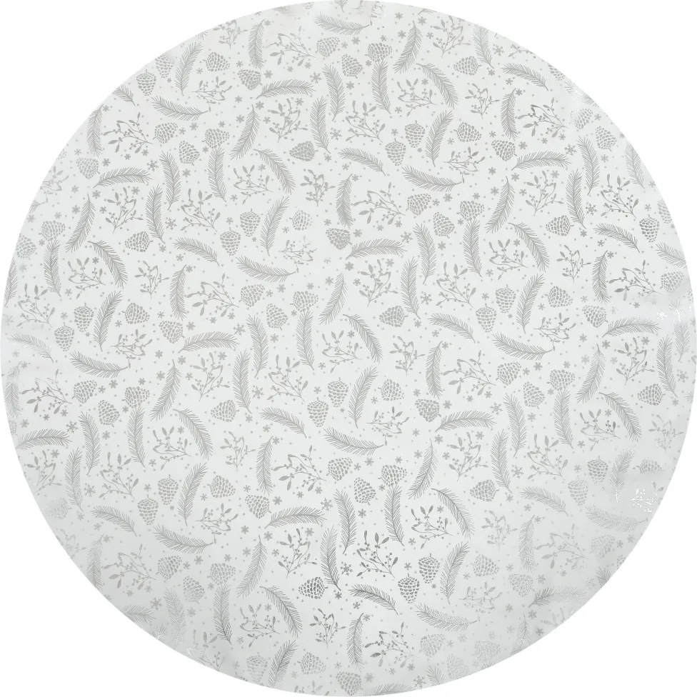 Vianočný okrúhly obrus Perie a šišky 140 cm, strieborný