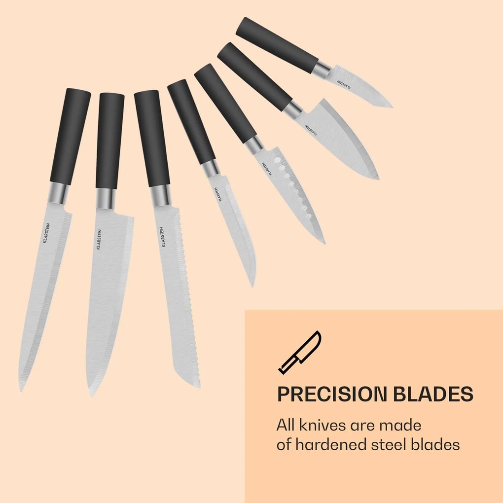 Klarstein Kitano, sada nožov s blokom, 8-dielna, 7 nožov, oceľ, luxusný drevený blok
