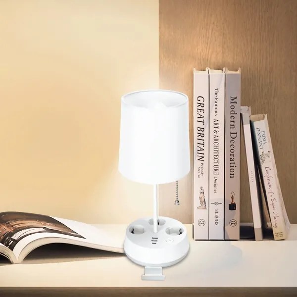Aigostar - Stolná lampa so zásuvkami a USB portami 1xE27/60W/230V biela