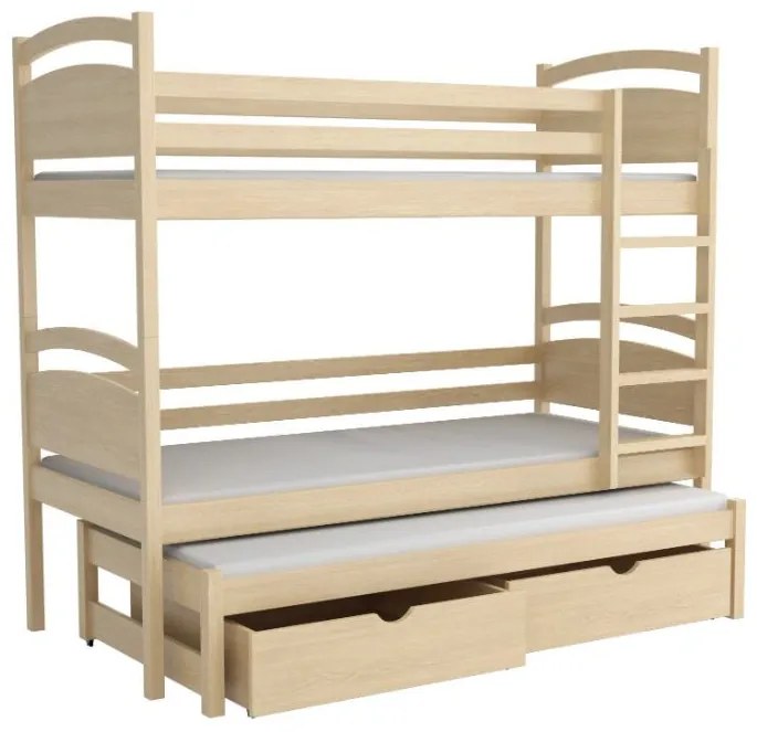 Detská poschodová posteľ z masívu borovice OLÍVIE s prístelkou a šuplíkmi - 200x90 cm - PRÍRODNÁ BOROVICA
