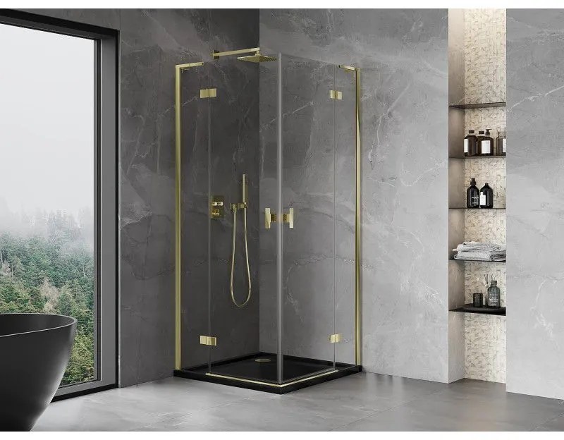 Mexen Mist-H L Duo, 2-krídlový sprchový kút 90 x 90 cm, číre sklo, zlatý lesklý profil, 8A5L-090L-090P-50-00