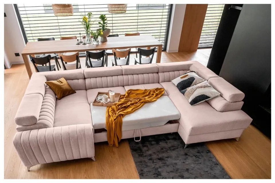 Ružová rozkladacia/s úložným priestorom rohová pohovka (pravý roh/do tvaru "U") Louis – ELTAP