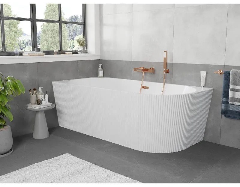 Mexen Silo, rohová voľne stojaca ryhovaná vaňa, ľavá, 150 x 75 cm, biela lesklá, ružové zlato prepad, 52891507500L-60