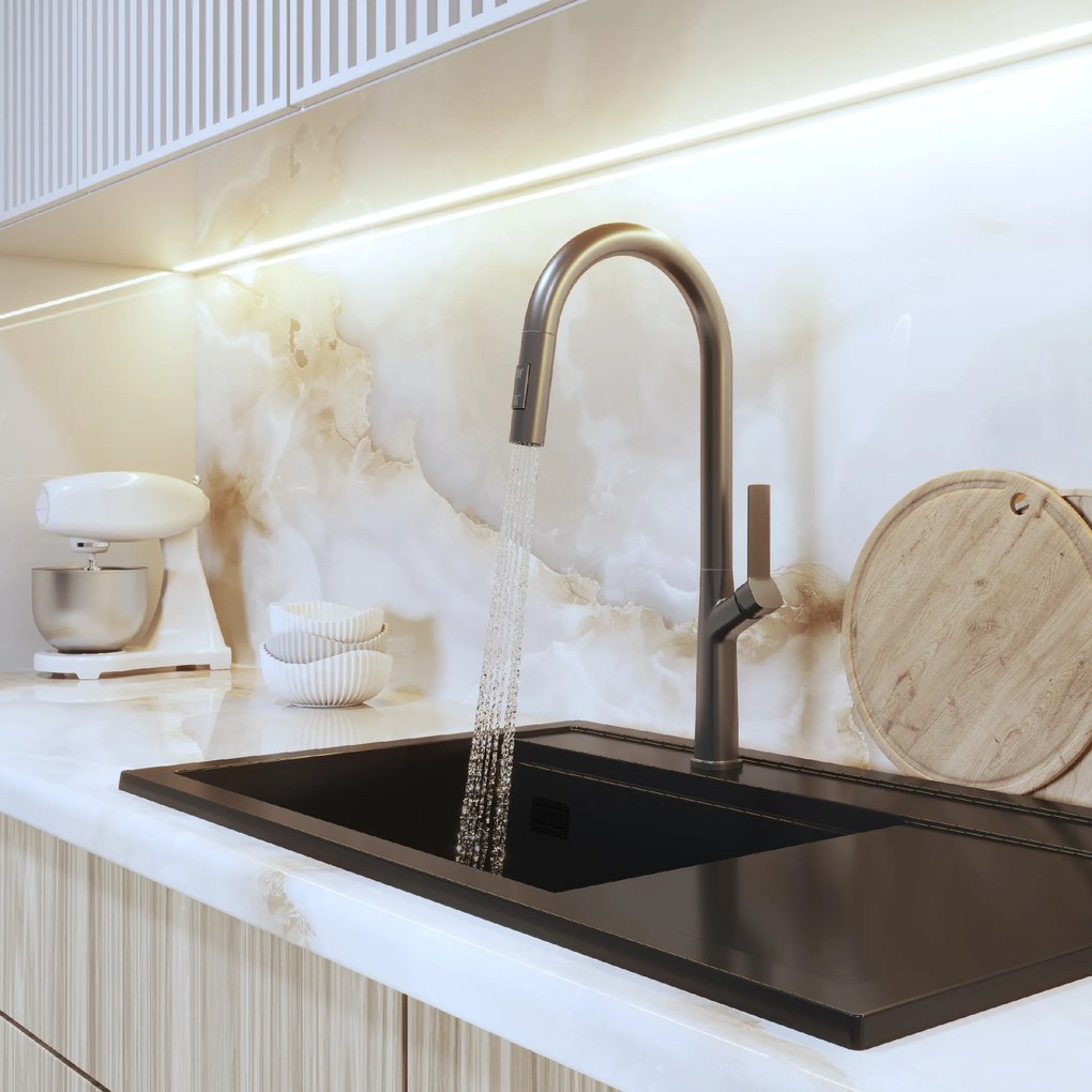 Gamma Awra, kuchynská batéria s vyťahovacou výlevkou a dvojfunkčnou sprchou, grafitová, GMA-BAA-GM