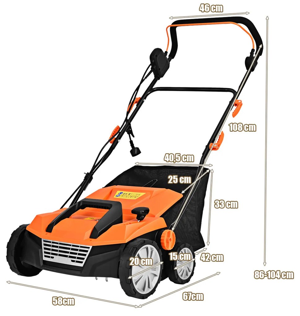 Elektrický vertikutátor Prevzdušňovač trávnika 1800W 2 úrovne Pracovná hĺbka 67 x 58 x 86 - 104 cm Oranžová
