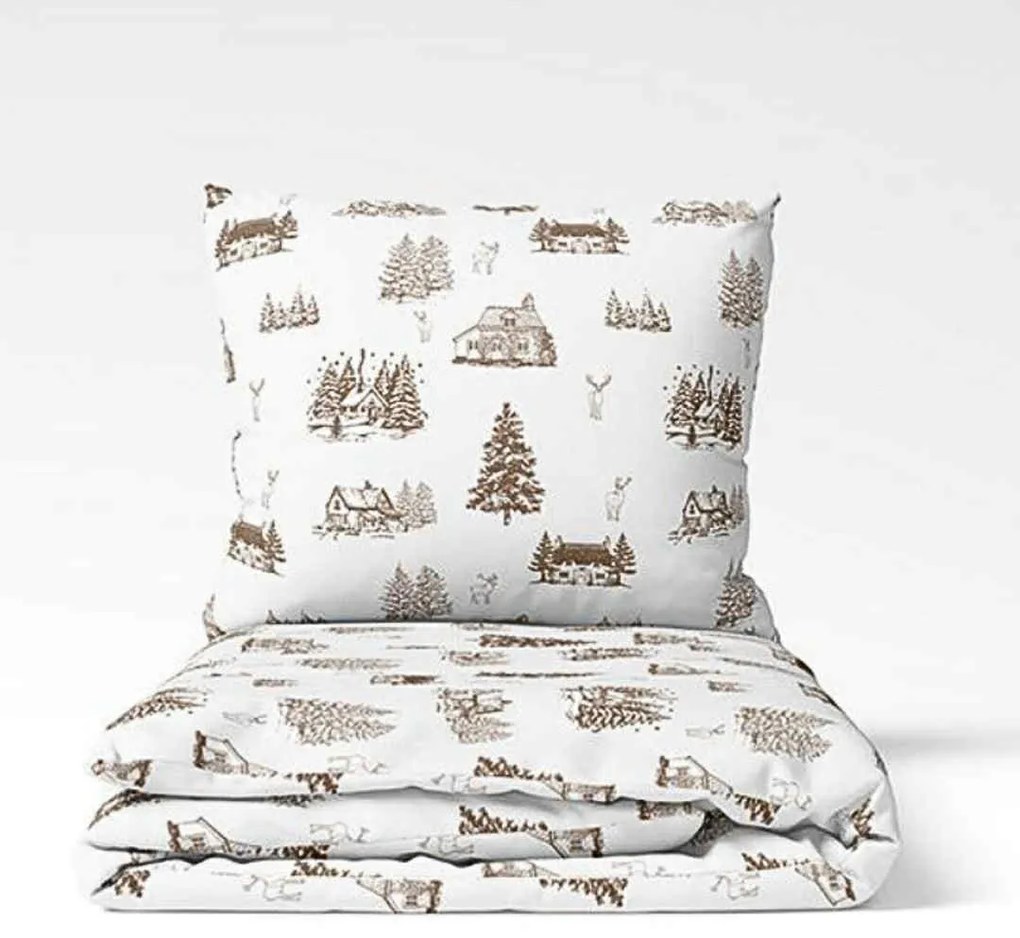 Vianočné obliečky bavlnené Chalúpka hnedá TiaHome - 1x Vankúš 90x70cm, 1x Paplón 140x200cm