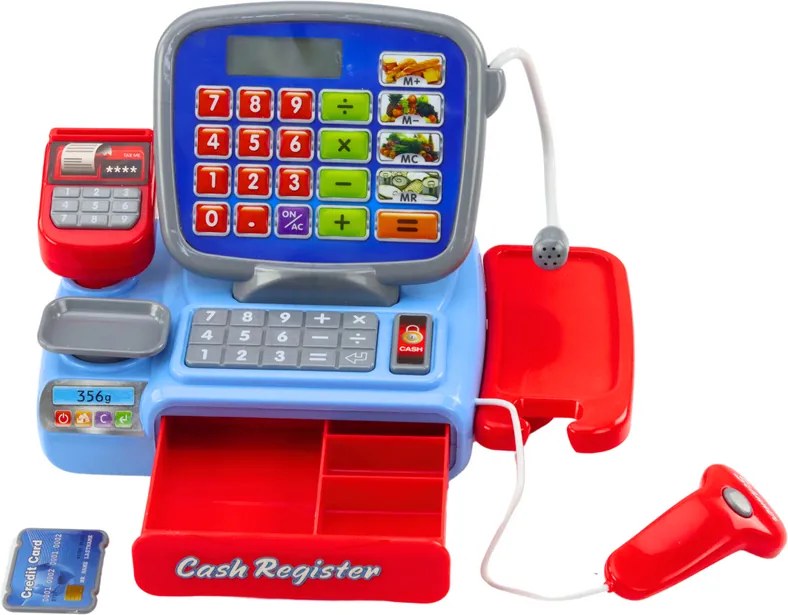 LEAN Toys Detská pokladnica so skenerom a kalkulačkou 21 kusov