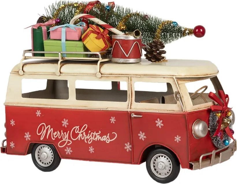 Červený retro model autobus s darčekmi a stromčekom Christmas - 38*16*28 cm