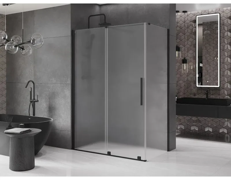Mexen Velar, sprchový kút s posuvnými dverami 160 x 70 cm, 8mm sklo námraza, čierna matná, 871-160-070-31-70
