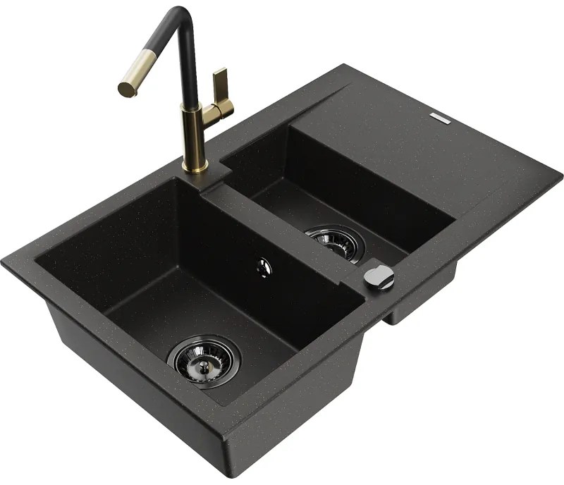 Mexen Gaspar, 1,5-komorový granitový drez 737x475x177 mm a drezová batéria Flora, čierna-zlatá metalíza, 6507-75-670401-57-B