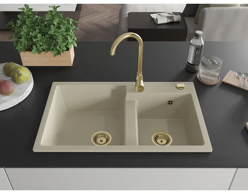 Mexen Tomas, granitový drez 800x500x190 mm, 2-komorový, béžová so zlatým sifónom, 6516802000-69-G