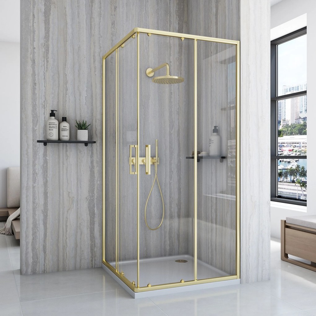 Štvorcový sprchovací kút REA CITY 90x90 zlatá kartáčovaná/transparent + vanička Savoy čierna