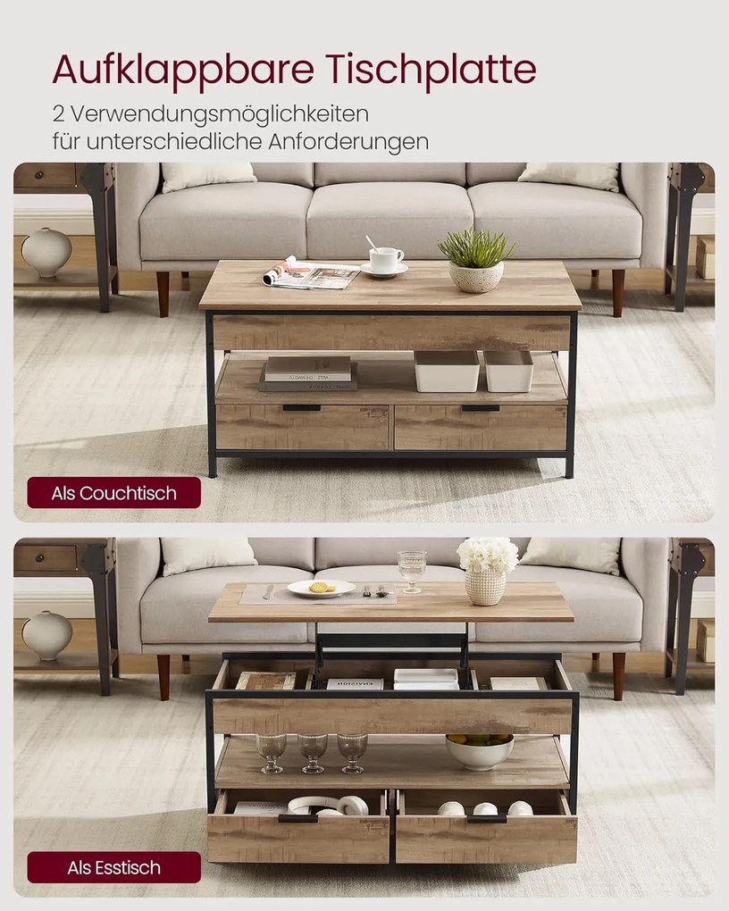 Konferenčný stolík, výškovo nastaviteľný, so zásuvkami, 50 x 100 cm, ťavohnedý