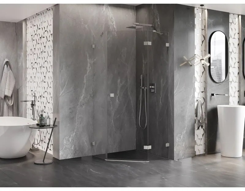 Mexen Lunar, výklopný päťuholníkový sprchový kút pravý 100 x 100 cm, 8mm číre sklo, oceľový profil, 831-100P-100L-97-00-P