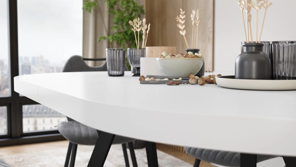 Mazzoni EXPANSO Biely mat / čierne nohy - OVÁLNY ROZKLADACÍ STÔL 160-360 cm PRE 16-18 OSÔB
