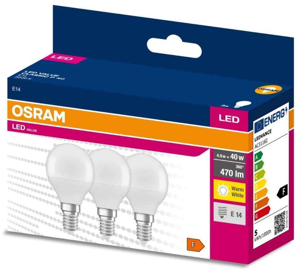 3PAK LED žiarovka E14 P45 4,9W = 40W 470lm 3000K Warm 200° OSRAM VALUE