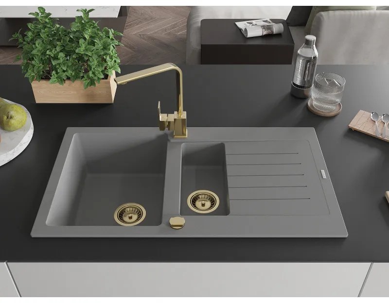 Mexen Matias, granitový drez 900x505x200 mm, 1,5-komorový a zlatá batéria Rita, šedá, 6502-71-670300-50