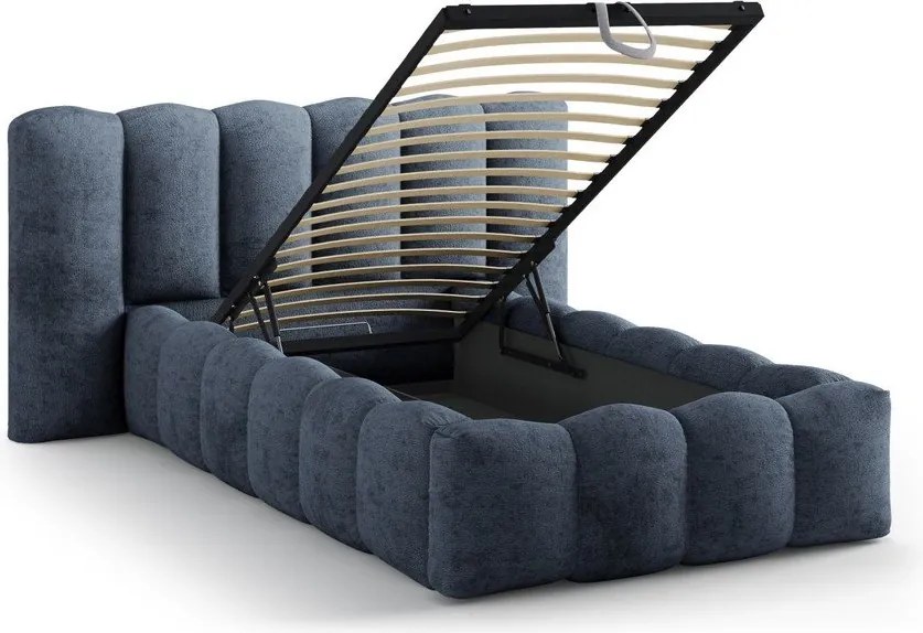 Tmavomodrá čalúnená jednolôžková posteľ s úložným priestorom s roštom 90x200 cm Lupine – Micadoni