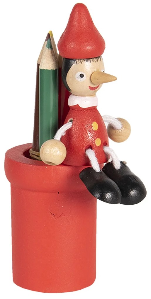 Červený drevený stojan s pastelkami a Pinocchiom - 11 cm