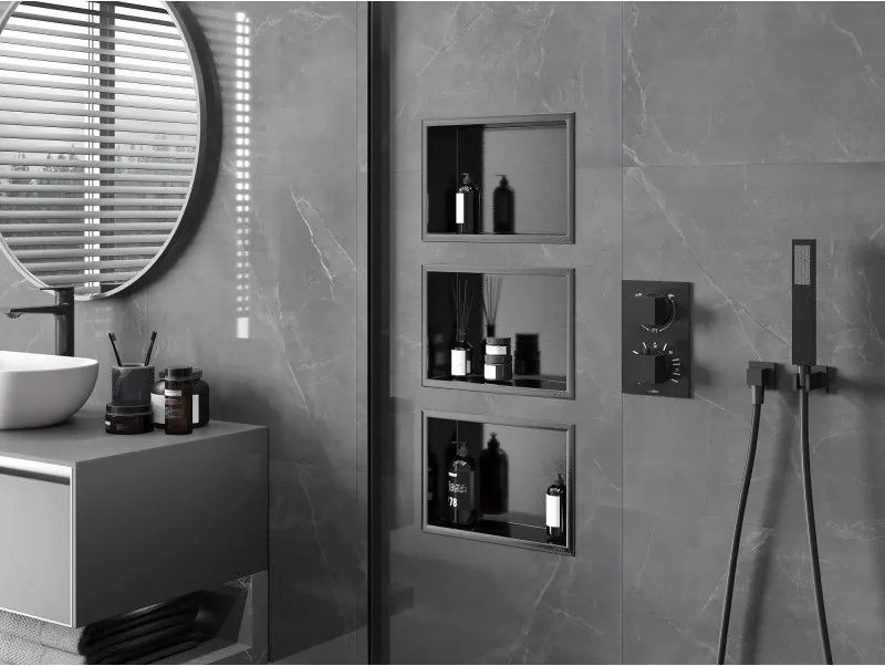 Mexen X-Wall-R, polica na zapustenie s prírubou  30 x 20 cm, grafitová matná - 19E0302010