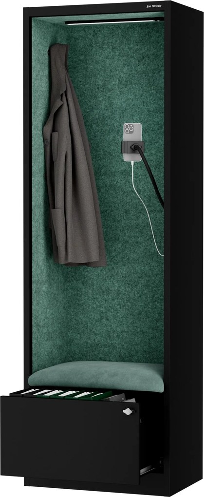 Kancelárska akustická kabína so sedadlom a portom USB-C, telo v čierny farbe / sedadlo v zelenej farbe, 600 mm: SALLY MentalBox
