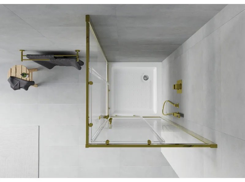 Mexen Rio, štvorcový sprchovací kút s posuvnými dverami 70(dvere) x 70(dvere) x 190 cm, 6mm číre sklo s pásikmi, zlatý profil + biela sprchová vanička RIO, 860-070-070-50-20-4510