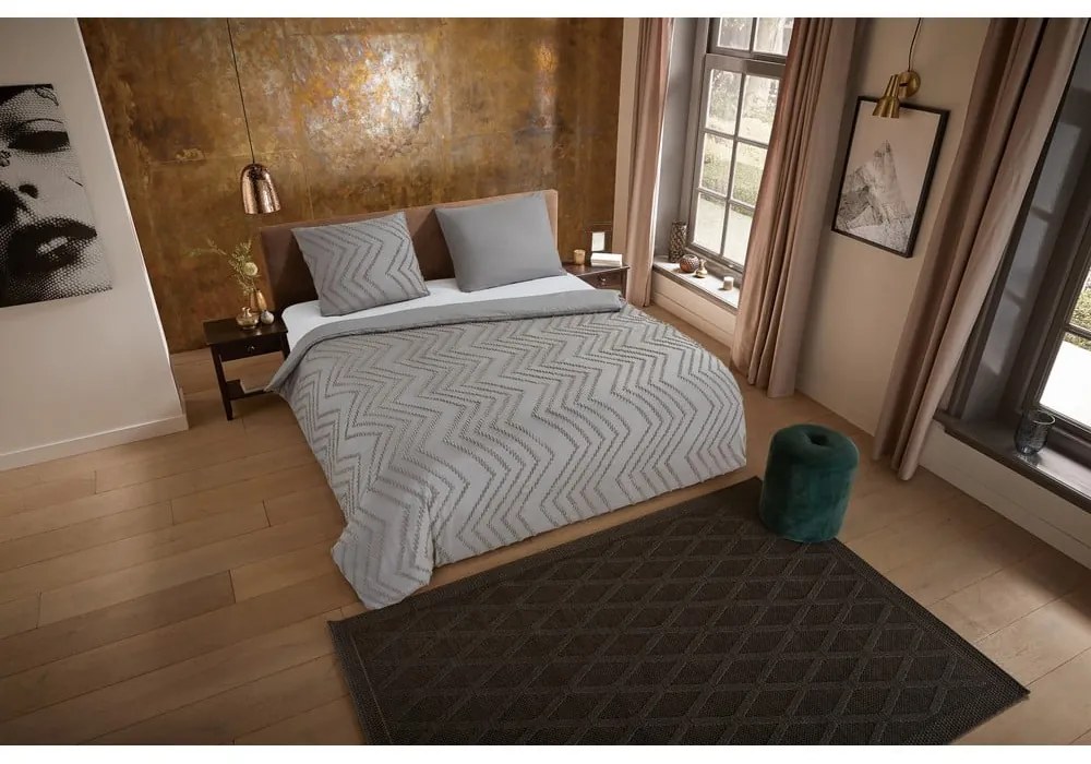 Sivo-hnedé predĺžené obliečky na jednolôžko z mikrovlákna 140x220 cm Pure Zigzag – Good Morning