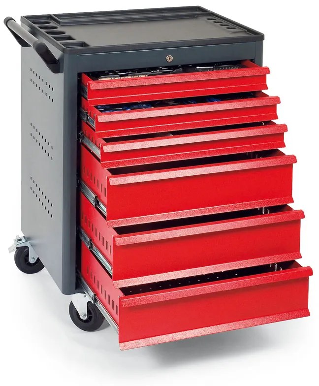 Pojazdný dielenský vozík na náradie GD, 6 zásuviek, 705 x 545 x 960 mm, antracit / červená