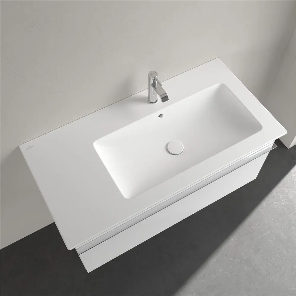 VILLEROY &amp; BOCH Venticello asymetrické umývadlo na skrinku s otvorom, odkladacia plocha vľavo, s prepadom, 1000 x 500 mm, Stone White, s povrchom CeramicPlus, 4134R1RW