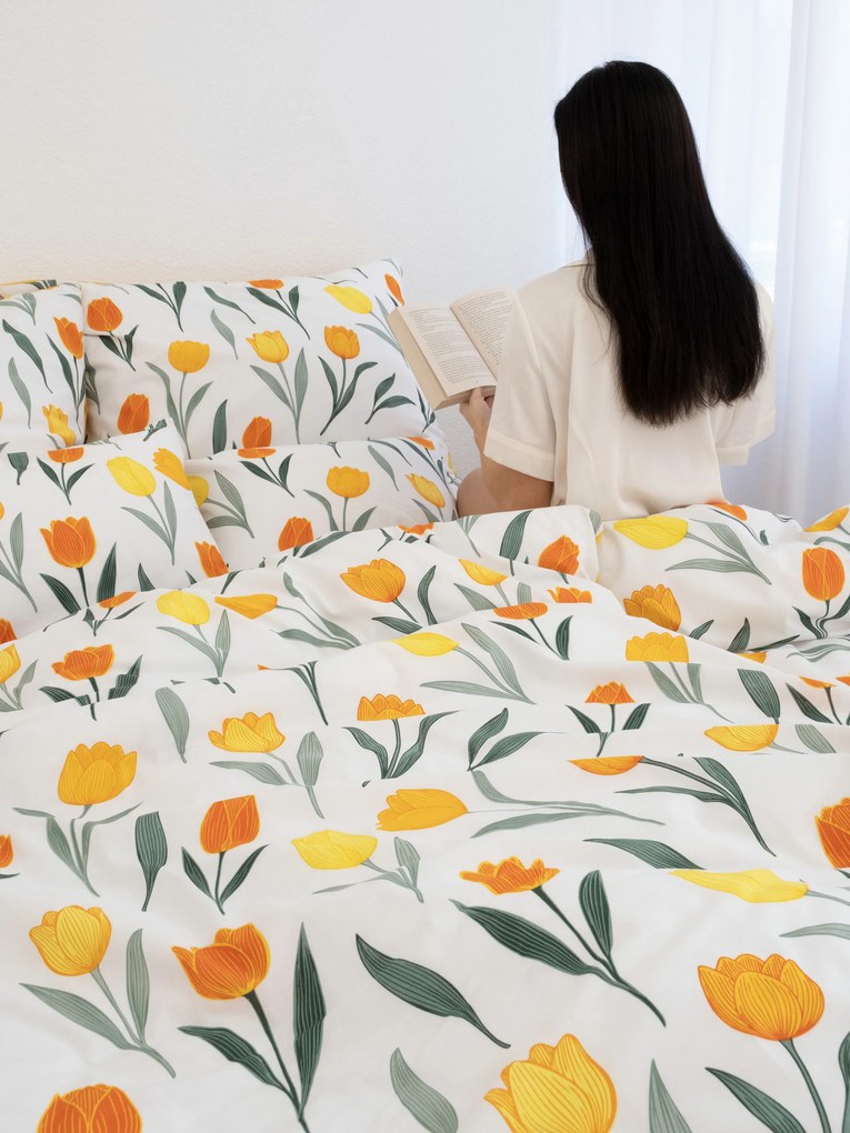 Bavlnené obliečky Renforcé - Kvety tulipánov oranžové 140 × 200 cm, 70 x 90 cm