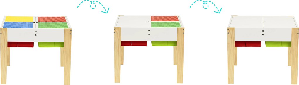 Detský drevený stôl s 2 stoličkami ECOTOYS – otočný blat, 4 úložné priehradky