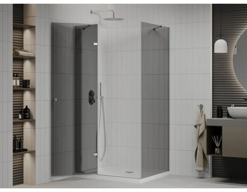 Mexen Roma, sprchový kút s krídlovými dverami 120 (dvere) x 80 (stena) cm, 6mm šedé sklo, chrómový profil + slim sprchová vanička biela + chrómový sifón, 854-120-080-01-40-4010