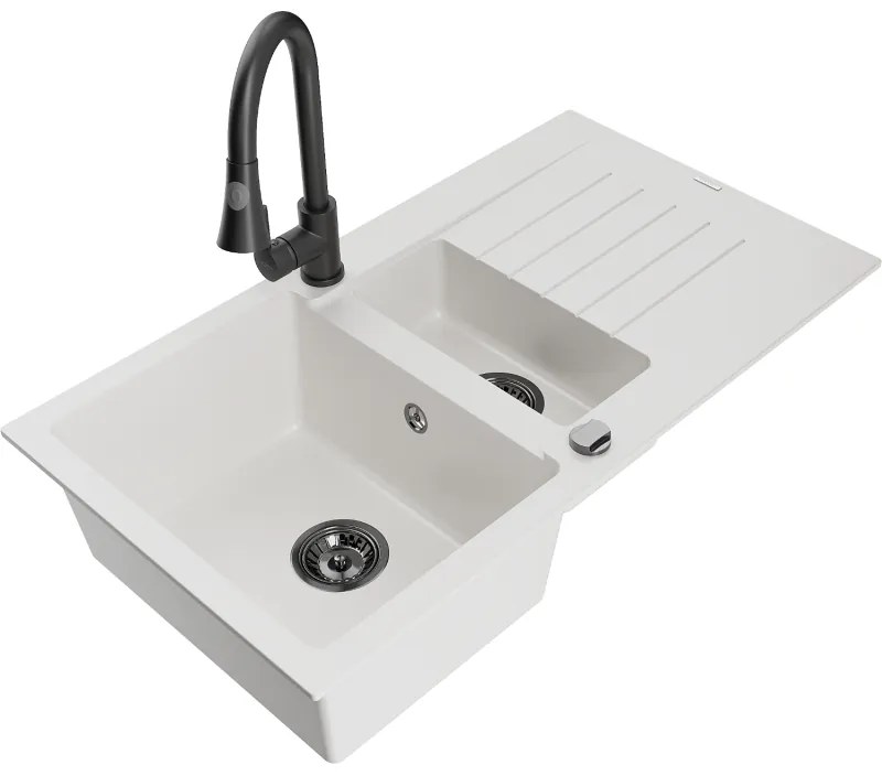 Mexen Matias, 1,5-komorový granitový drez 900x505x200 mm a drezová batéria Elia, biela, 6502-20-670101-70