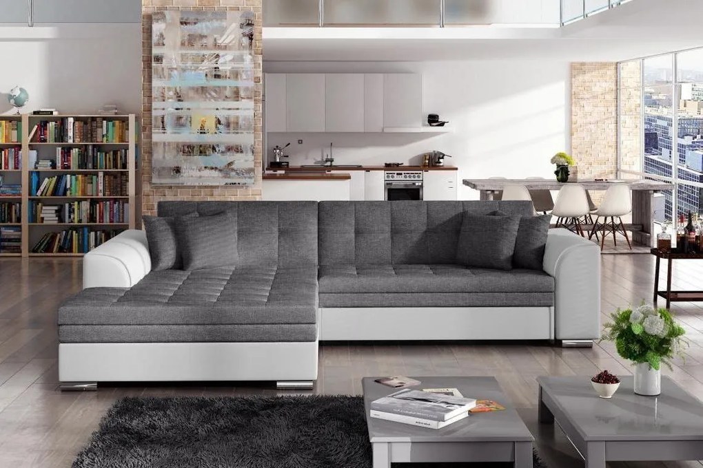 Sedačky-nábytok, SYDNEY moderná rozkladacia rohová sedačka so širokou leňoškou, bielo-šedá, 295x195 cm