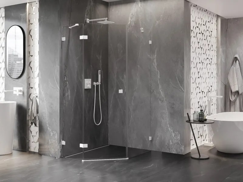 Mexen Lunar, Päťuholníkový sprchový kút Mexen Lunar s výklopným ľavým oknom 90 x 100 cm, 8mm číre sklo, biely profil, 831-090L-100P-01-20-L
