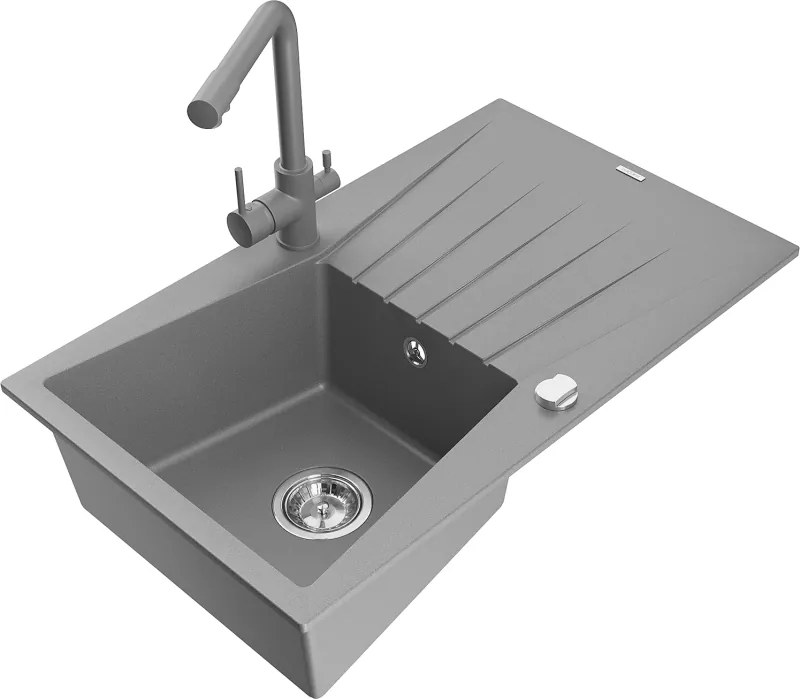 Mexen Cesar, granitový drez 775x470x190 mm, 1-komorový a šedá matná batéria Duero, šedá, 6514-71-671600-71