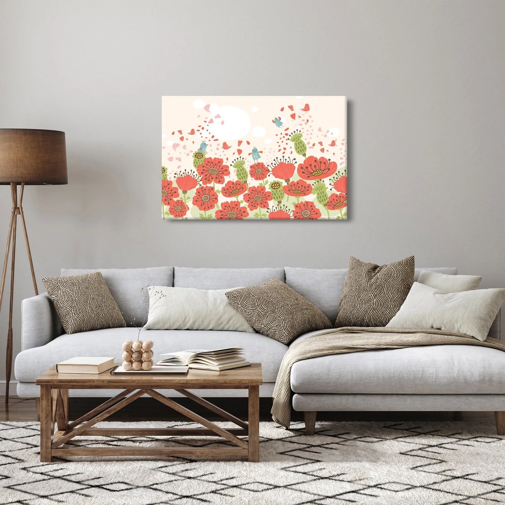 Obraz - Vtáčiky na rozkvitnutej lúke (90x60 cm)