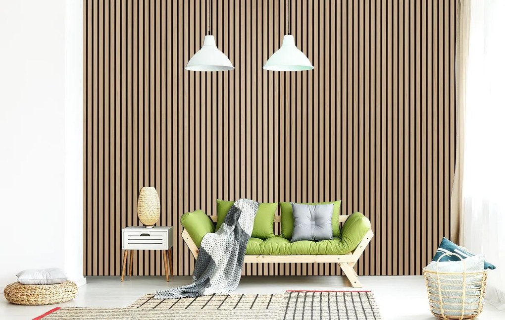 Drevený akustický panel, 2400 x 600 mm, čierny podklad, dub morený