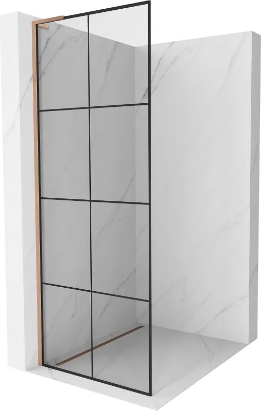 Mexen Kioto L, sprchová zástena Walk-In 80 x 200 cm, 8mm číre sklo čierny vzor, medený matný profil, 800-080-103-65-77