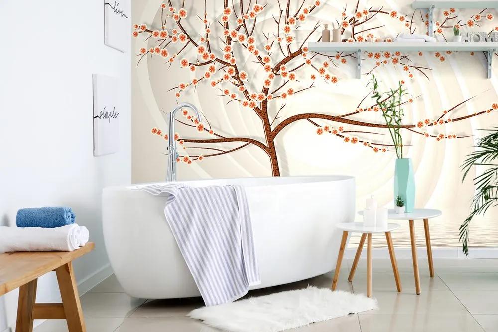 Samolepiaca tapeta strom s oranžovými kvetmi na abstraktnom pozadí