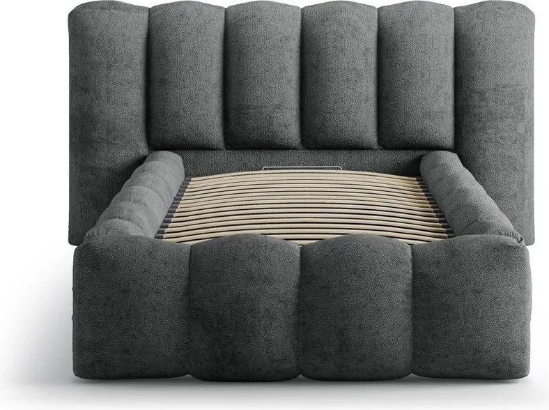 Tmavosivá čalúnená jednolôžková posteľ s úložným priestorom s roštom 90x200 cm Lupine – Micadoni