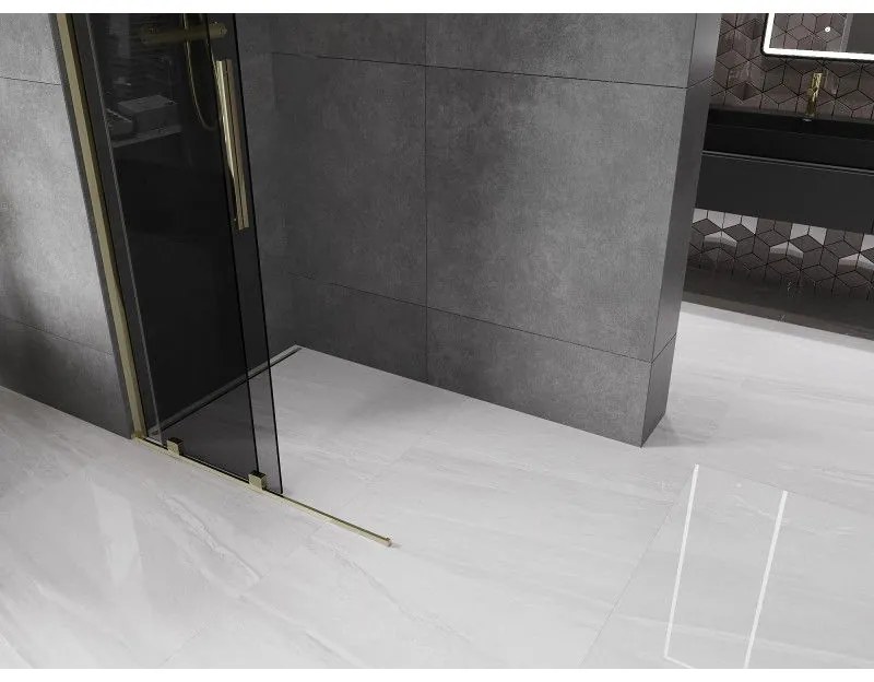 Mexen Velar, sprchová zástena s posuvnými dverami Walk-in 75 x 200 cm, 8mm šedé sklo, zlatá lesklá, 871-075-000-43-50