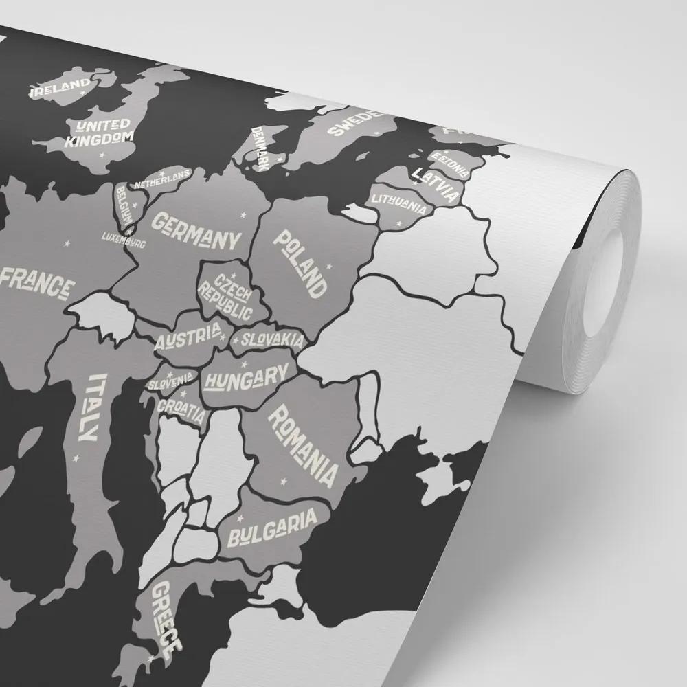 Samolepiaca tapeta čiernobiela mapa s názvami krajín EÚ - 225x150