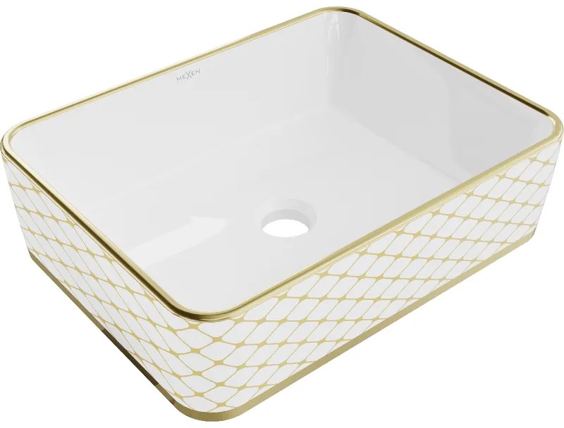 Mexen Catia, umývadlo na dosku 48x37x14 cm, biela lesklá-zlatý vzor, 21314809