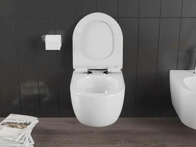Mexen Carmen, závesná WC misa 490x365x340 mm, Rimless Tornádo + WC sedadlo z duroplastu, biela lesklá, 30880100T